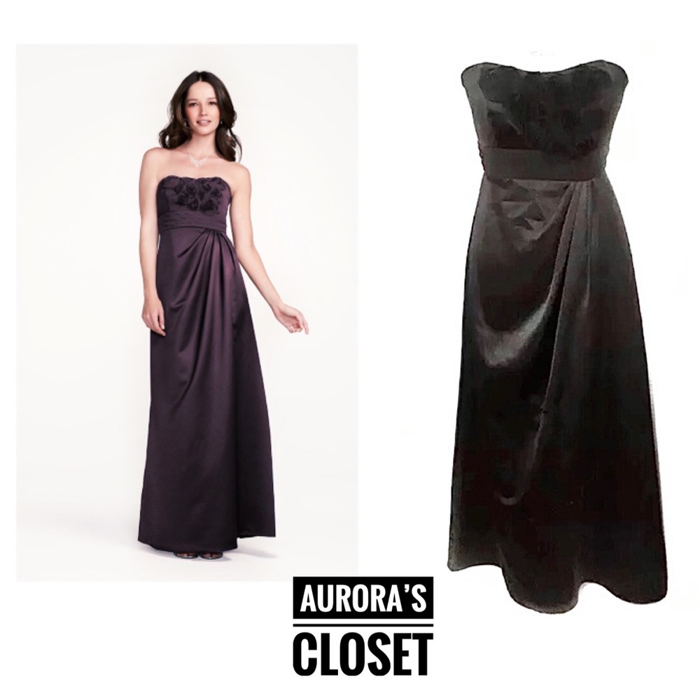 David's Bridal 4 Black Gown Maxi Rosette F14207 Satin Strapless Floral Empire